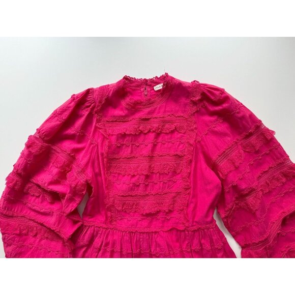 ULLA JOHNSON Amour Fuchsia Pink Cotton Lace Ruffle Balloon Sleeve Dress, Size 6 - Picture 9 of 16